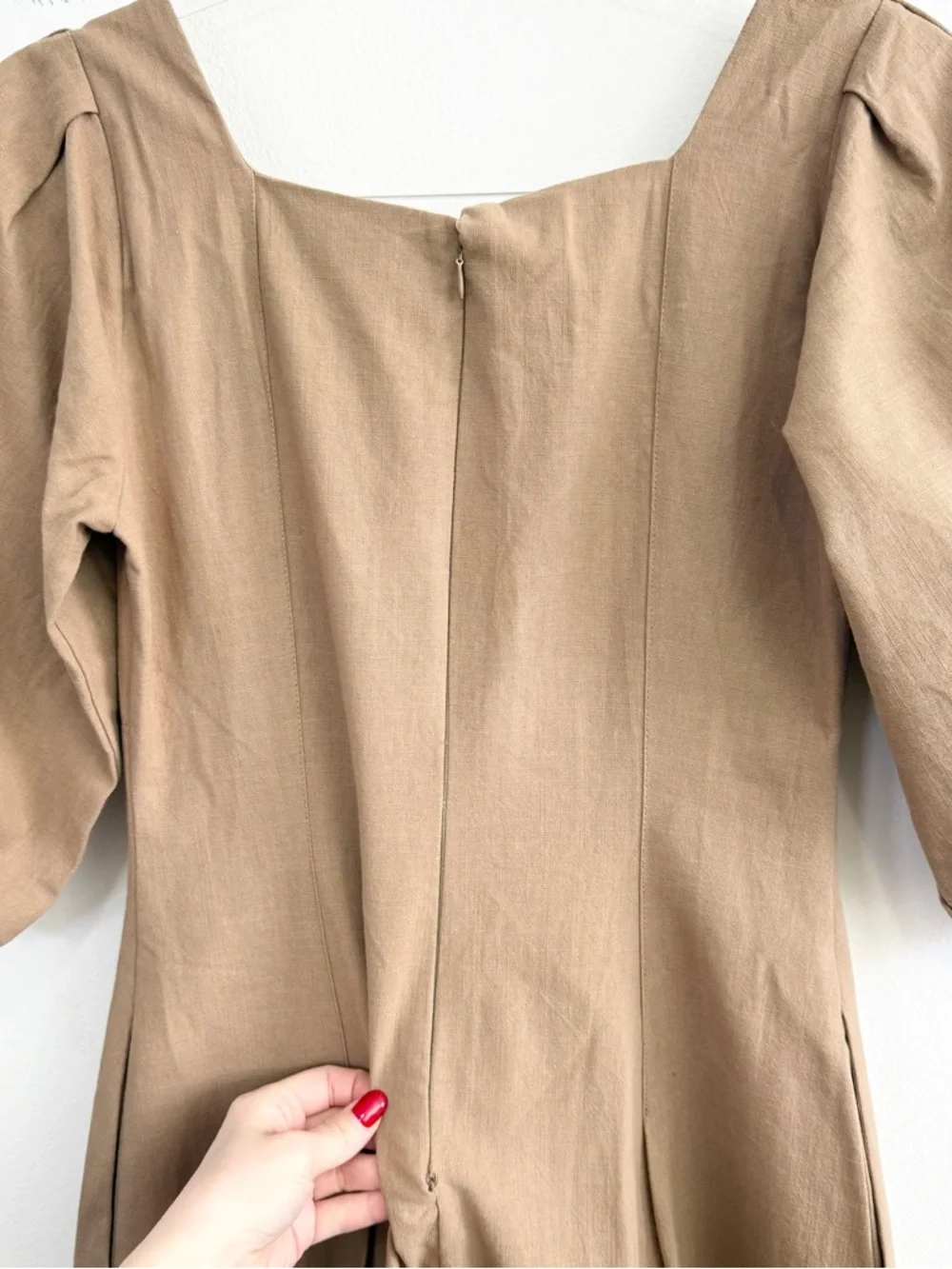 Mila Mae Tan Puff Sleeve Midi Dress Cotton Linen Square Neck Women’s Small - Picture 6 of 7